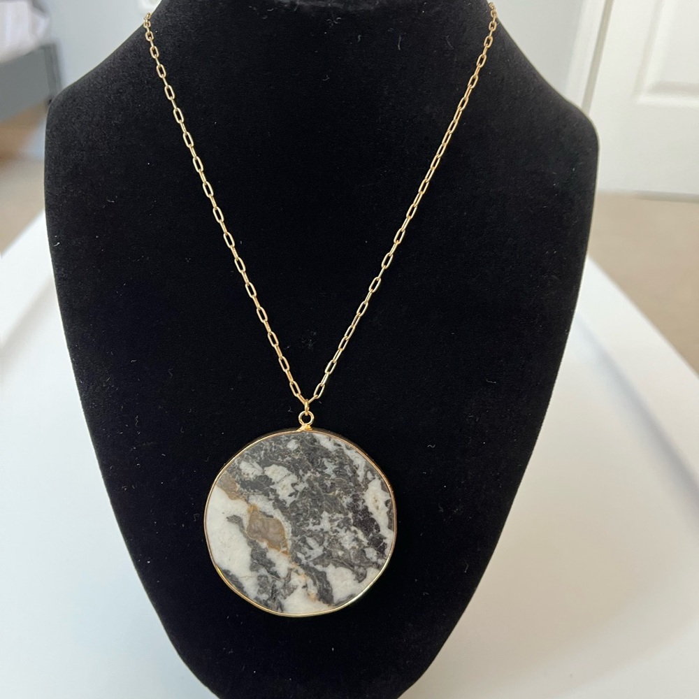 Long Gold Tone Chain Necklace with Real Stone Pendant